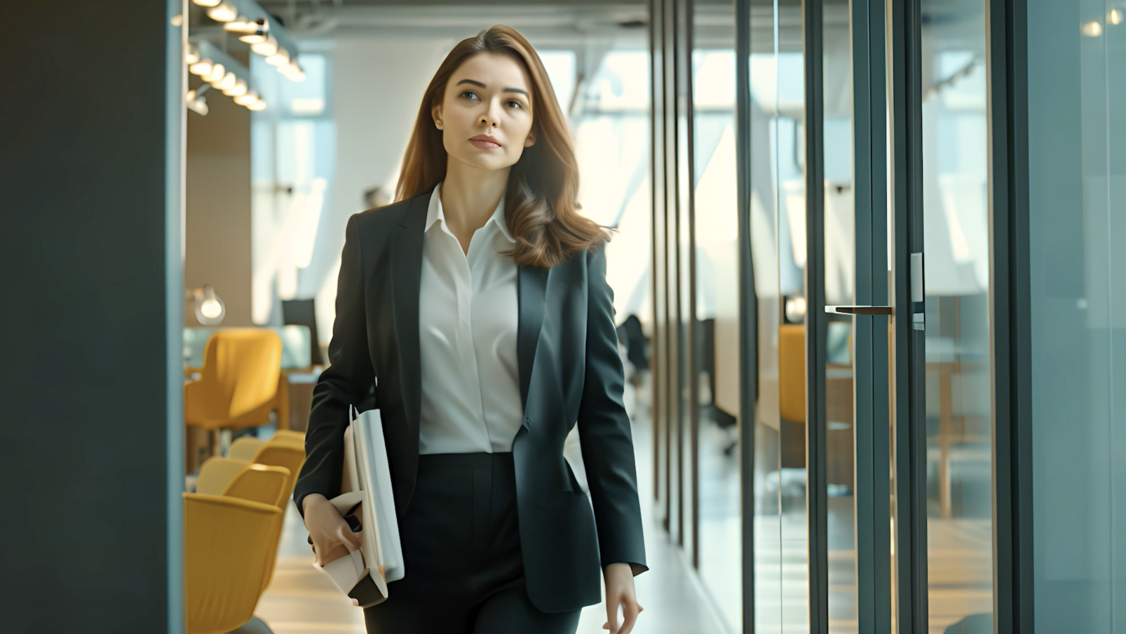 Corporate-woman-in-business-suit-walking-in-office-hallway