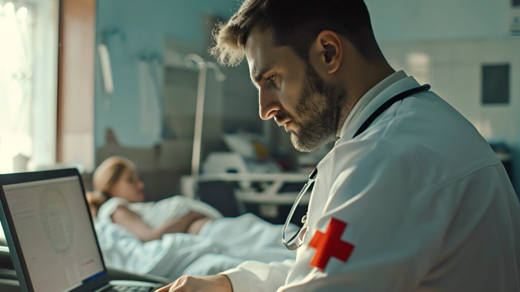 Un médico vestido con una bata de laboratorio frente a un ordenador con una paciente 