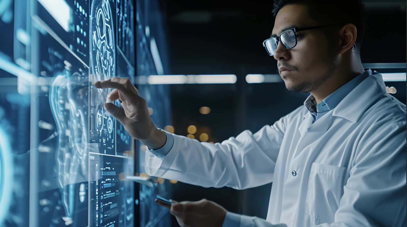 Man-in-lab-coat-looking-at-renderings-on-large-screen