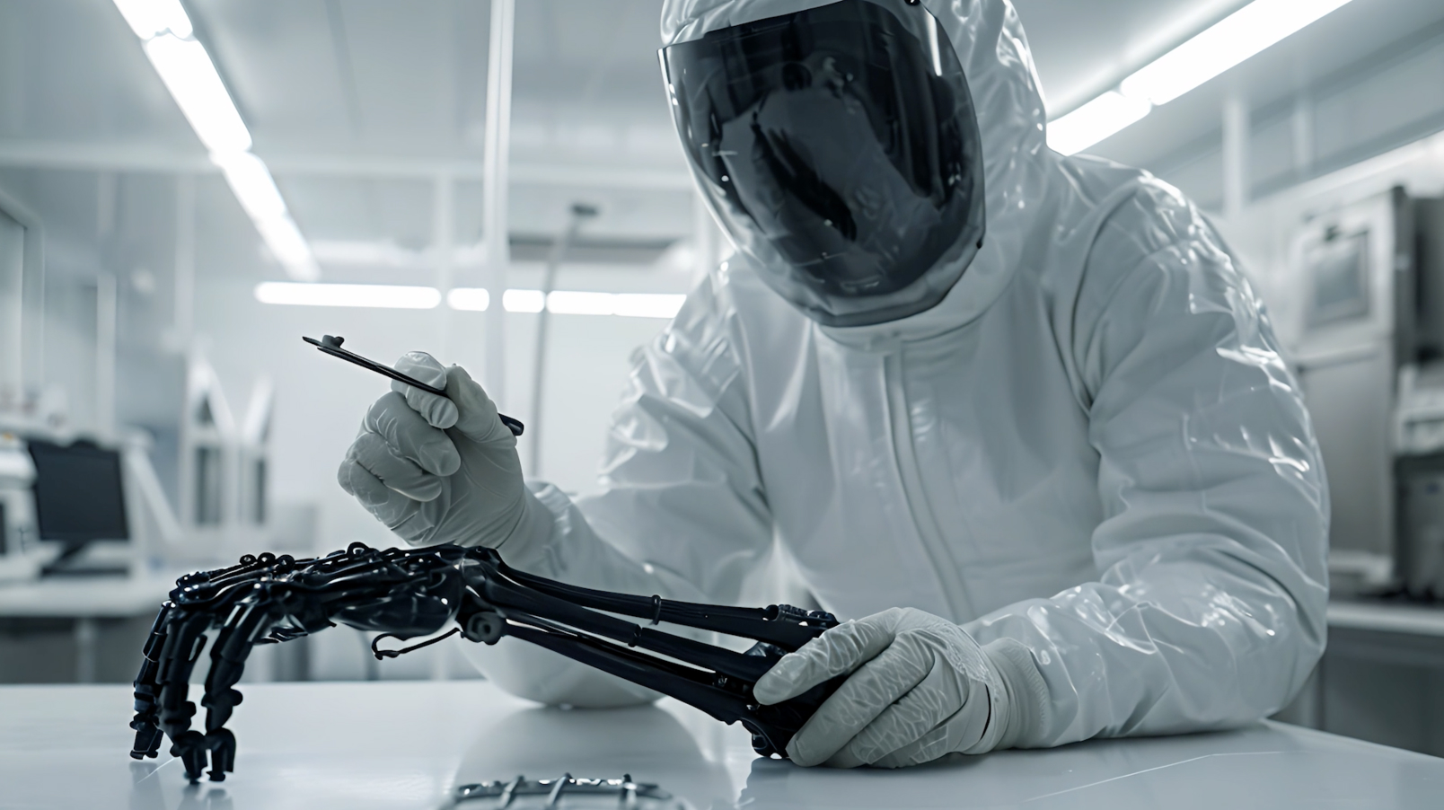 Una persona con un traje de laboratorio trabaja con un brazo robótico 