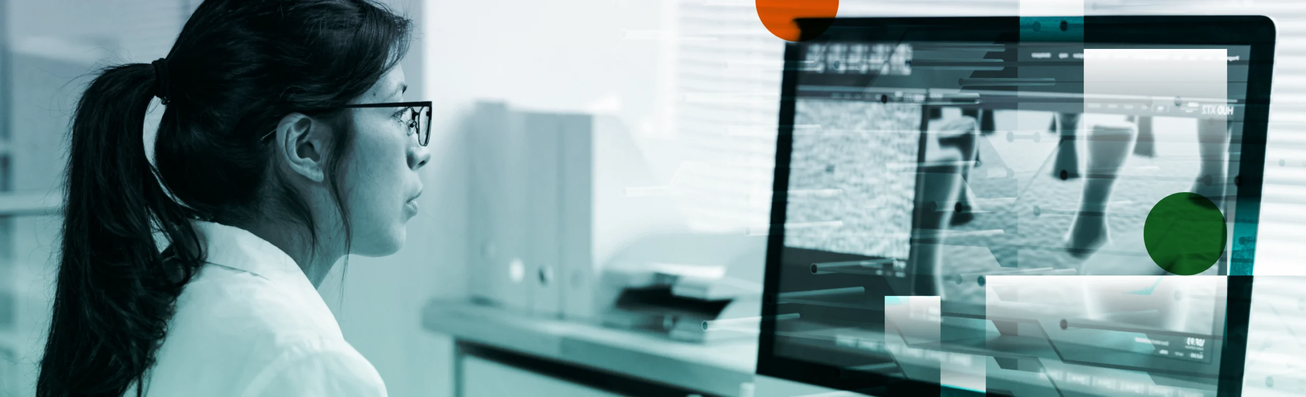 A blog header showing a woman wearing glasses looking at a computer screen.