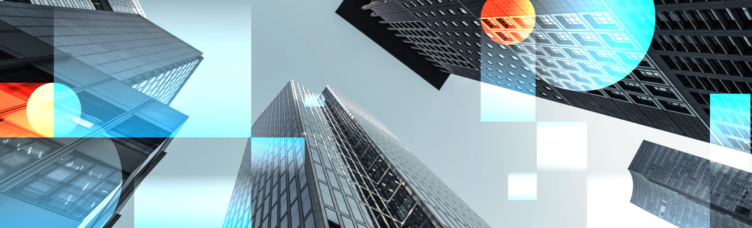 Skyscrapers with overlayed graphic elements representing financial translation and global business.